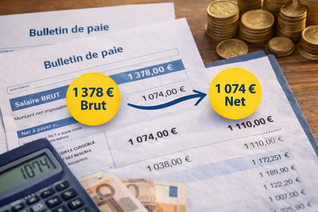 Bulletins de paie français avec calculatrice et billets en euros illustrant la conversion de 1 378 euros brut en salaire net mensuel