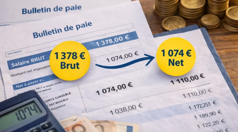 Bulletins de paie français avec calculatrice et billets en euros illustrant la conversion de 1 378 euros brut en salaire net mensuel