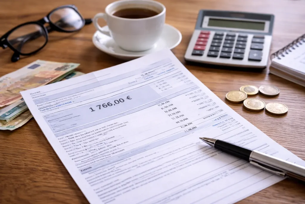 Illustration réaliste d’un bulletin de salaire français posé sur un bureau avec calculatrice, pièces en euros et tasse de café, représentant la conversion d’un salaire brut de 1766 euros en salaire net.