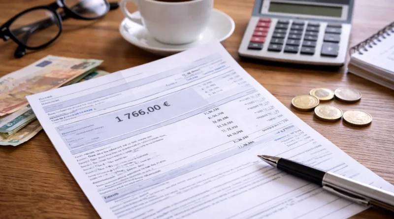Illustration réaliste d’un bulletin de salaire français posé sur un bureau avec calculatrice, pièces en euros et tasse de café, représentant la conversion d’un salaire brut de 1766 euros en salaire net.