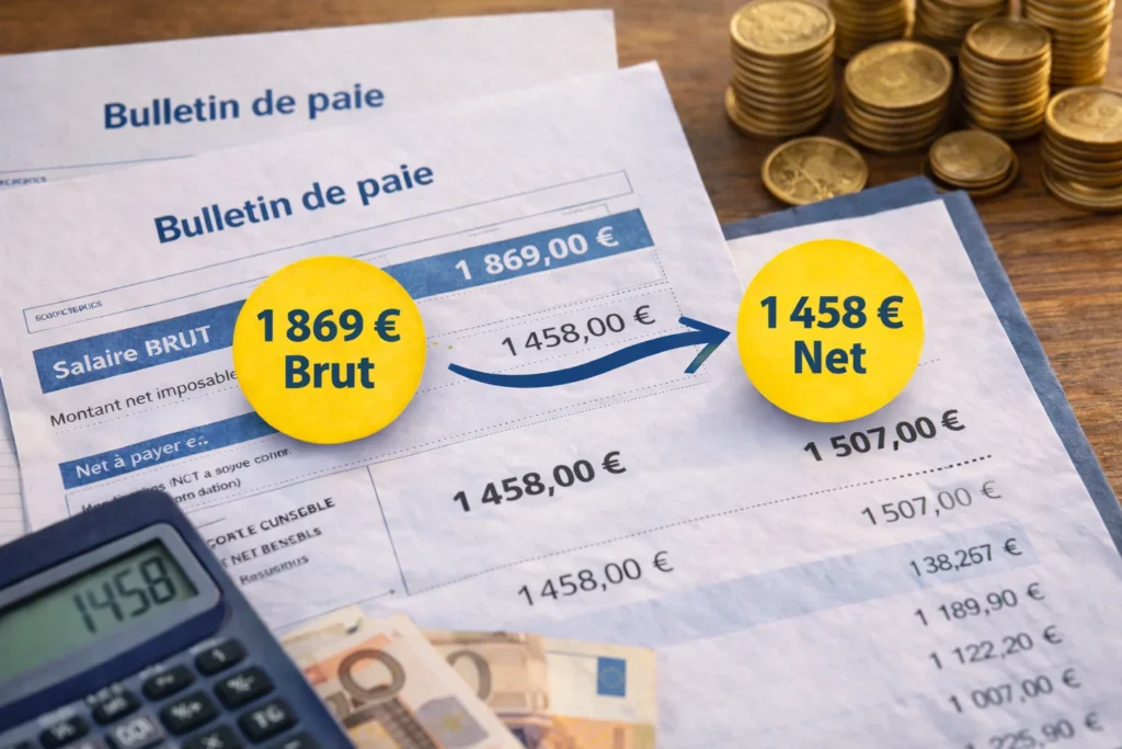 Bulletins de paie français avec calculatrice, pièces et billets en euros illustrant la conversion de 1 869 euros brut en salaire net mensuel