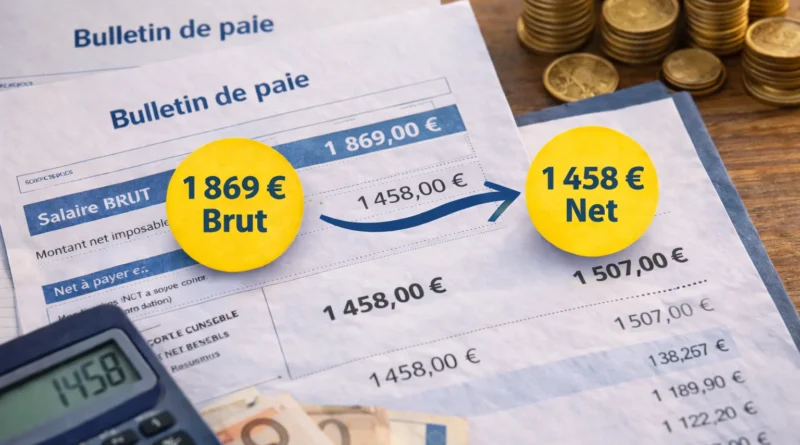 Bulletins de paie français avec calculatrice, pièces et billets en euros illustrant la conversion de 1 869 euros brut en salaire net mensuel