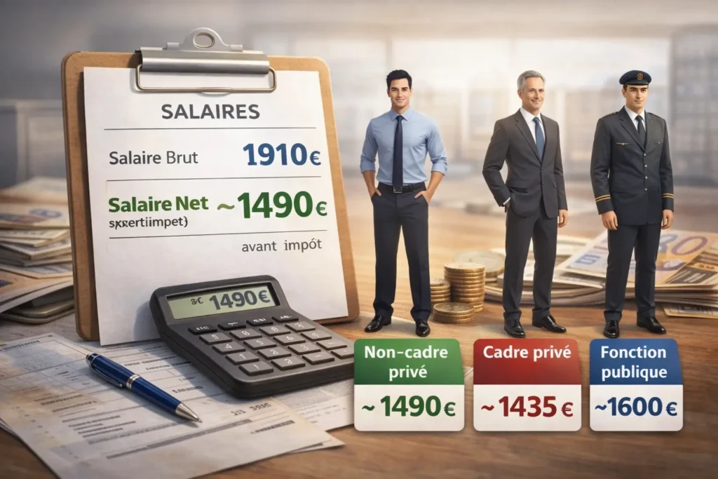 Illustration réaliste comparant un salaire de 1910 euros brut et son équivalent en net selon le statut, avec fiche de paie, calculatrice et profils salarié non-cadre, cadre du privé et fonction publique.