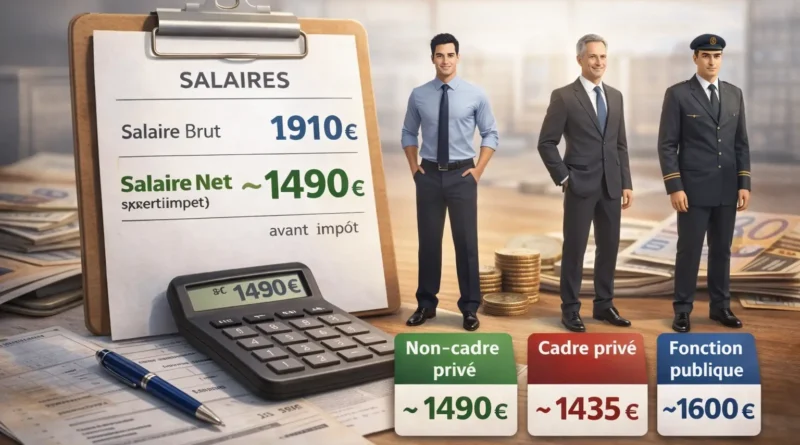 Illustration réaliste comparant un salaire de 1910 euros brut et son équivalent en net selon le statut, avec fiche de paie, calculatrice et profils salarié non-cadre, cadre du privé et fonction publique.