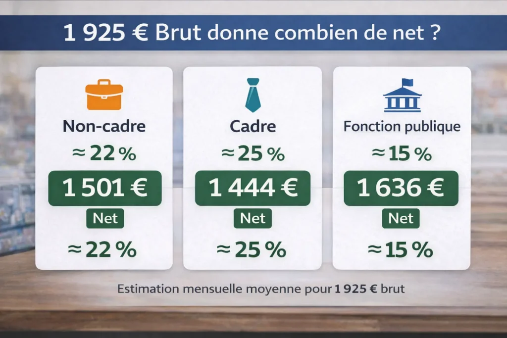1925 euros brut en net selon le statut non-cadre, cadre et fonction publique avec taux de cotisations