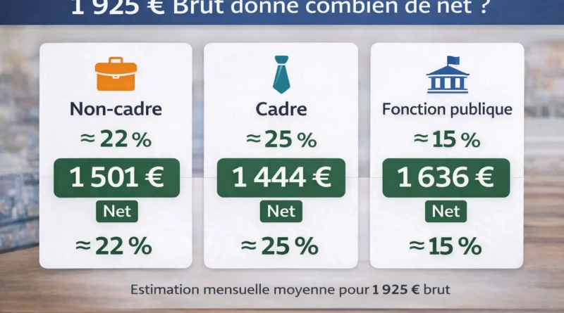 1925 euros brut en net selon le statut non-cadre, cadre et fonction publique avec taux de cotisations