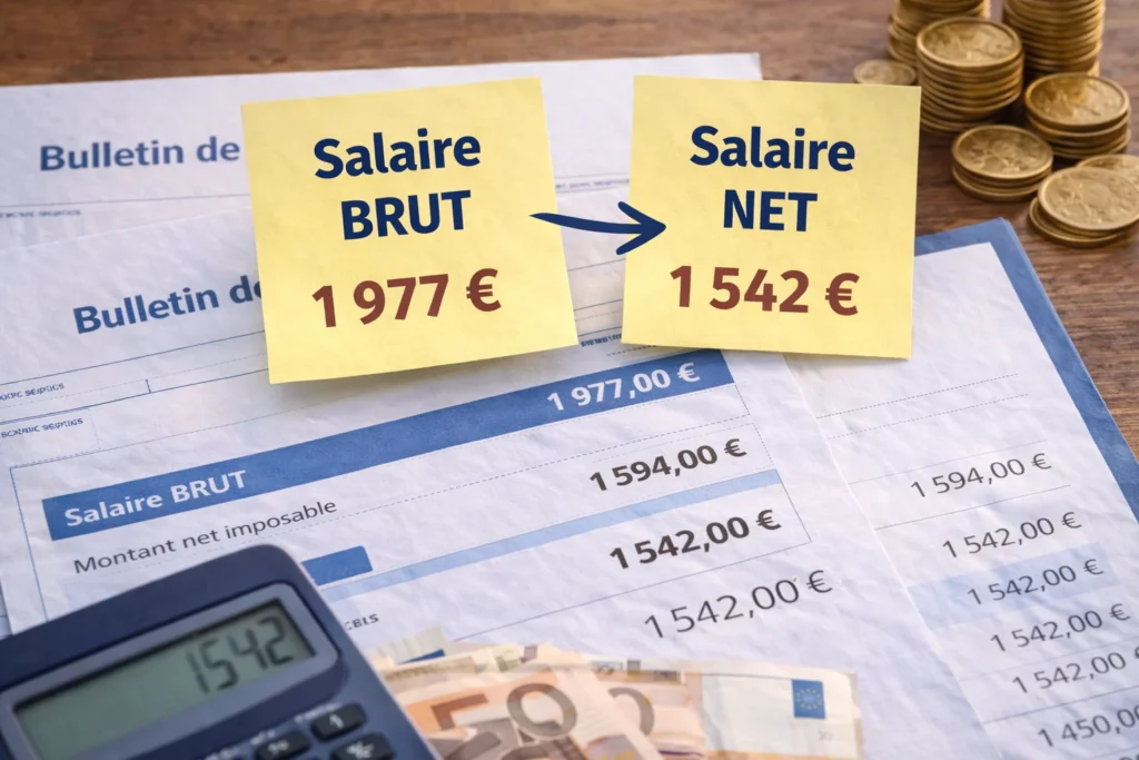 Bulletins de paie français avec post-it indiquant la conversion de 1 977 euros brut en 1 542 euros net, accompagnés d’une calculatrice et de billets en euros