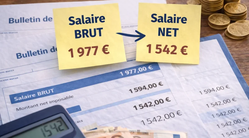 Bulletins de paie français avec post-it indiquant la conversion de 1 977 euros brut en 1 542 euros net, accompagnés d’une calculatrice et de billets en euros