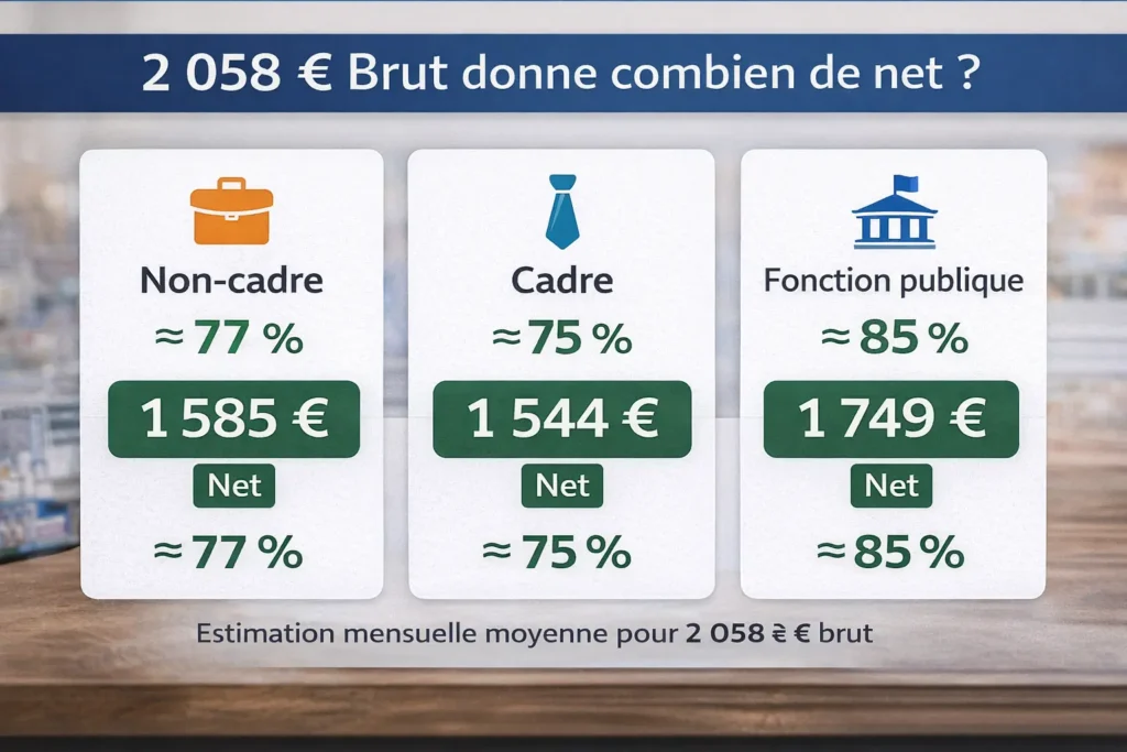 2058 euros brut en net selon le statut non-cadre, cadre et fonction publique avec taux de conversion