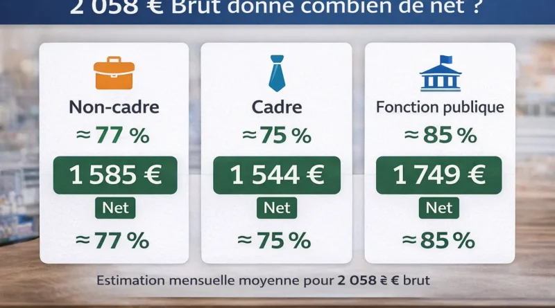 2058 euros brut en net selon le statut non-cadre, cadre et fonction publique avec taux de conversion