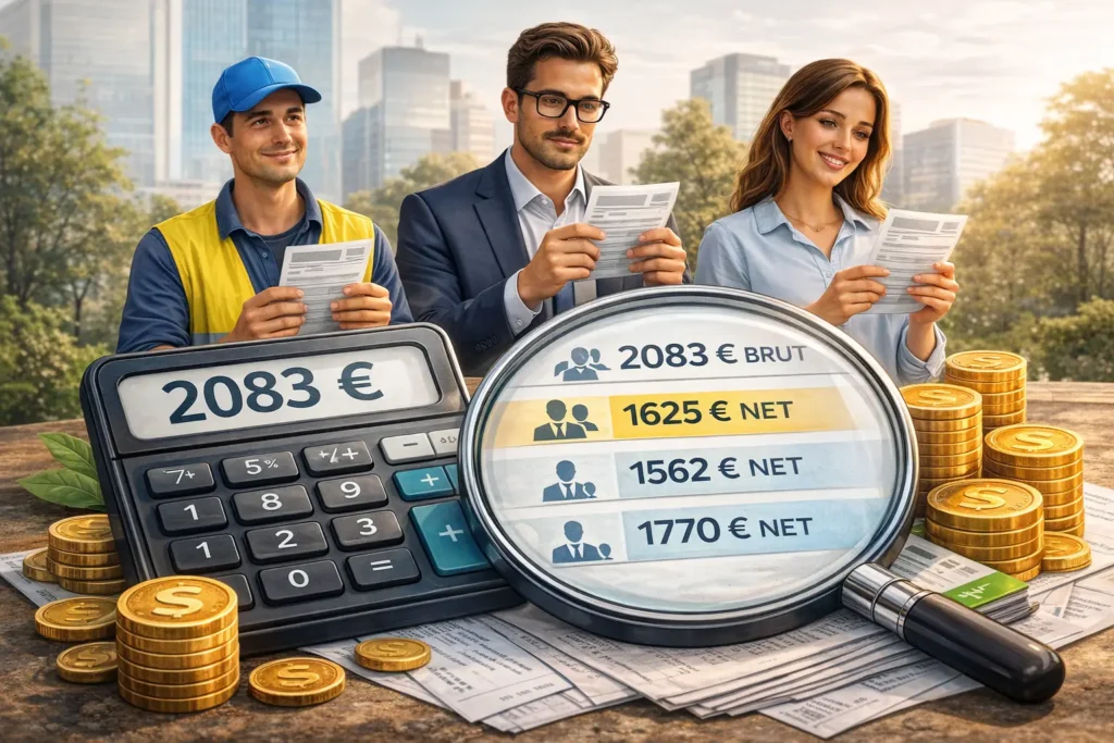 Conversion d’un salaire de 2083 euros brut en net selon le statut professionnel, avec calculatrice, fiches de paie et salariés comparant leur rémunération.