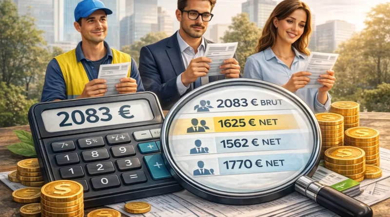 Conversion d’un salaire de 2083 euros brut en net selon le statut professionnel, avec calculatrice, fiches de paie et salariés comparant leur rémunération.
