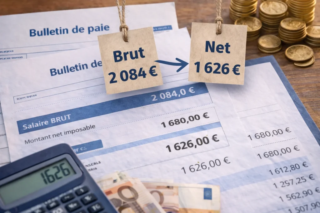 Fiche de paie française avec calculatrice et billets en euros illustrant la conversion de 2 084 euros brut en salaire net mensuel