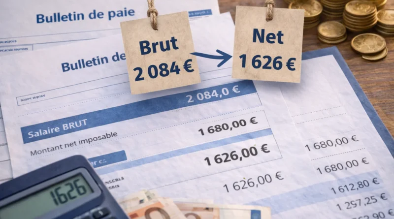 Fiche de paie française avec calculatrice et billets en euros illustrant la conversion de 2 084 euros brut en salaire net mensuel
