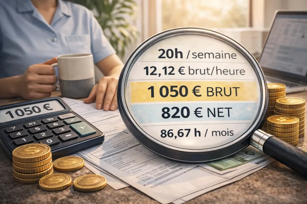 Calcul du salaire net pour un temps partiel de 20h par semaine au SMIC, avec fiche de paie, calculatrice et estimation brut net mensuelle.