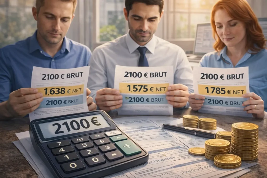 Conversion d’un salaire de 2100 euros brut en net selon le statut non-cadre, cadre et fonction publique, avec fiche de paie, calculatrice et comparaison des revenus.