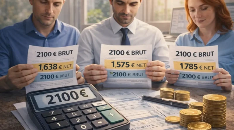 Conversion d’un salaire de 2100 euros brut en net selon le statut non-cadre, cadre et fonction publique, avec fiche de paie, calculatrice et comparaison des revenus.
