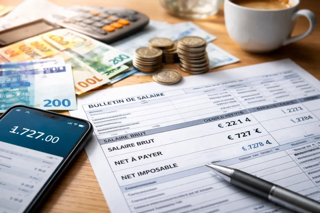 Fiche de paie avec salaire brut 2214 euros et conversion en net à payer, net imposable et net après impôt en France