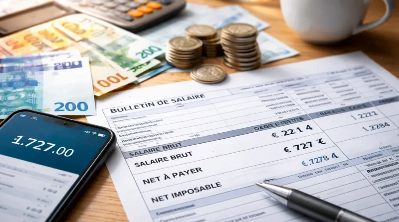 Fiche de paie avec salaire brut 2214 euros et conversion en net à payer, net imposable et net après impôt en France