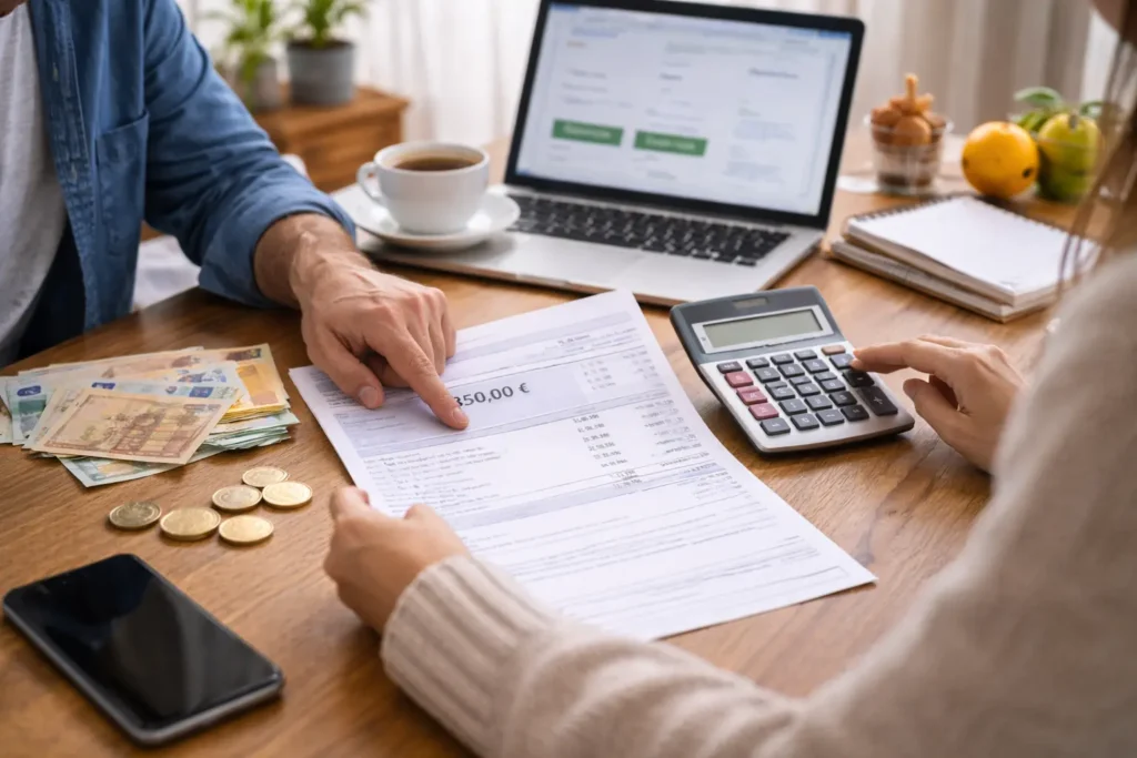 Scène réaliste de bureau avec carnet, calculatrice et pièces en euros illustrant la conversion de 2350 euros brut en salaire net