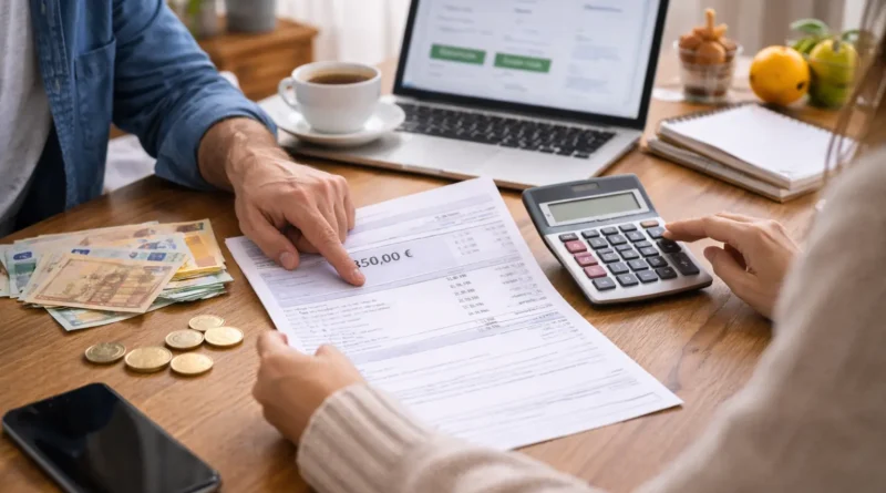 Scène réaliste de bureau avec carnet, calculatrice et pièces en euros illustrant la conversion de 2350 euros brut en salaire net