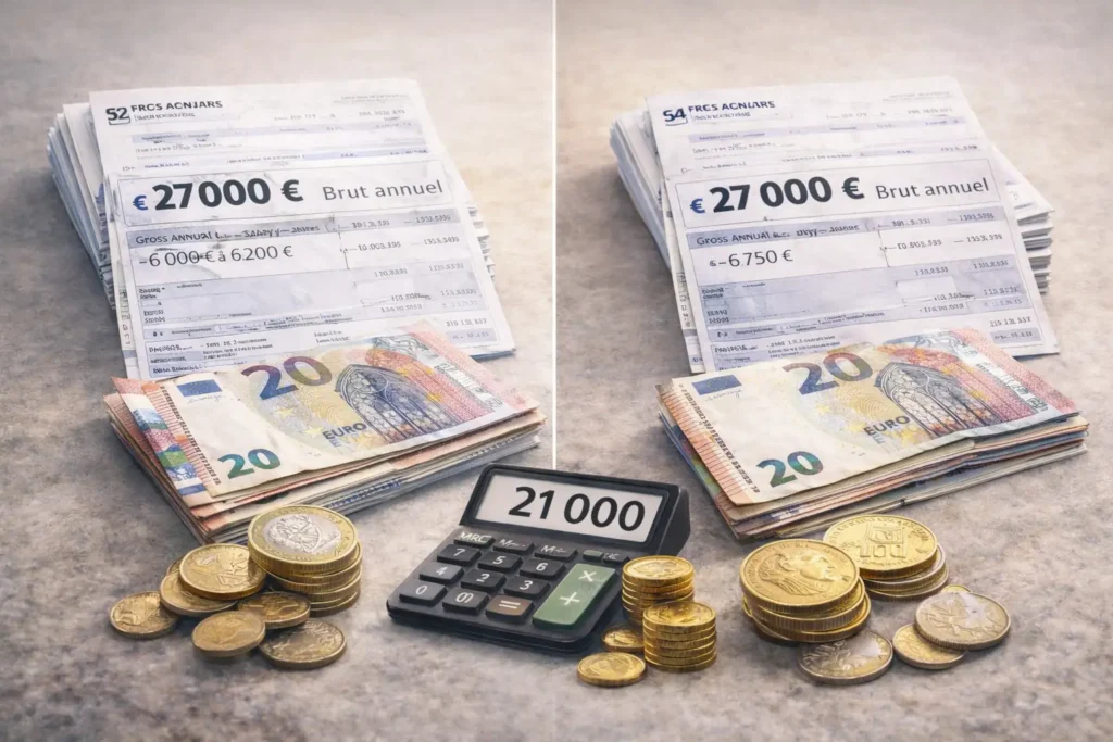 Conversion d’un salaire de 27 000 euros brut en net annuel avec comparaison cadre et non-cadre, billets en euros, pièces et calculatrice.