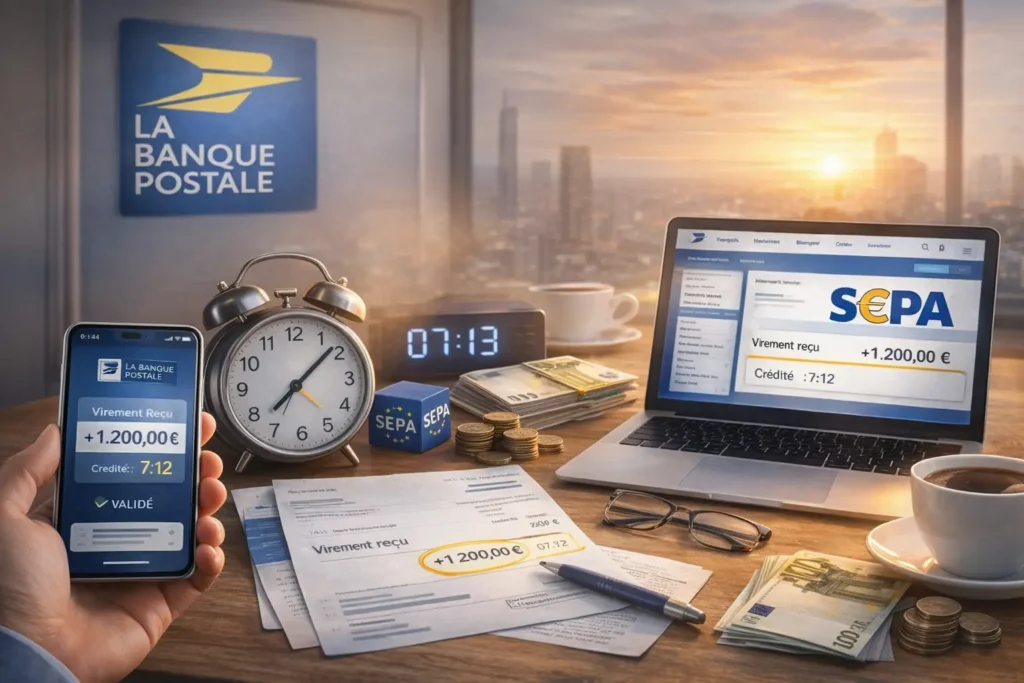 Illustration réaliste d’un virement SEPA crédité tôt le matin à La Banque Postale, avec confirmation sur smartphone et ordinateur, horloge indiquant l’heure de réception et environnement bancaire professionnel.