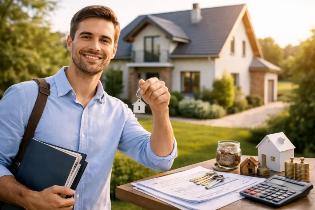 Homme seul tenant les clés de sa maison devant un pavillon moderne, illustrant l’achat immobilier en solo avec un seul emprunteur