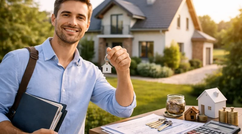 Homme seul tenant les clés de sa maison devant un pavillon moderne, illustrant l’achat immobilier en solo avec un seul emprunteur
