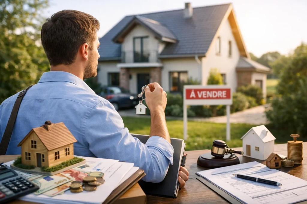 Homme seul tenant les clés de sa future maison devant un pavillon à vendre, illustrant l’achat immobilier sans apport avec un seul salaire