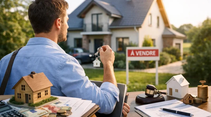 Homme seul tenant les clés de sa future maison devant un pavillon à vendre, illustrant l’achat immobilier sans apport avec un seul salaire