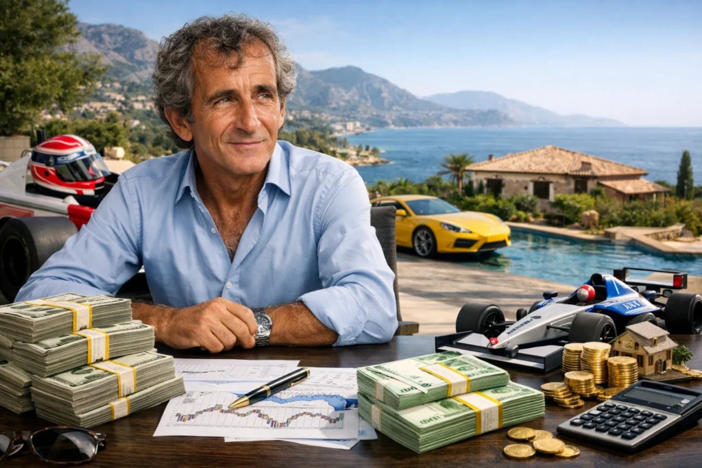 Alain Prost, légende de la Formule 1, illustrant la réussite sportive et les enjeux financiers liés à sa carrière et à ses activités après la F1.