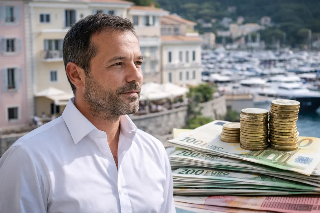 Illustration réaliste d’un entrepreneur corse devant un port méditerranéen avec symboles financiers représentant une estimation de patrimoine non officielle