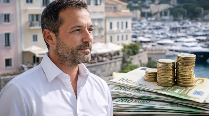 Illustration réaliste d’un entrepreneur corse devant un port méditerranéen avec symboles financiers représentant une estimation de patrimoine non officielle