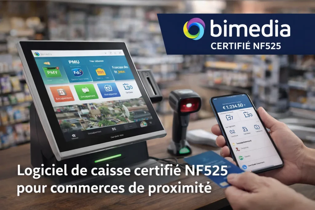 Logiciel de caisse Bimedia certifié NF525 avec terminal tactile et application mobile pour commerces de proximité