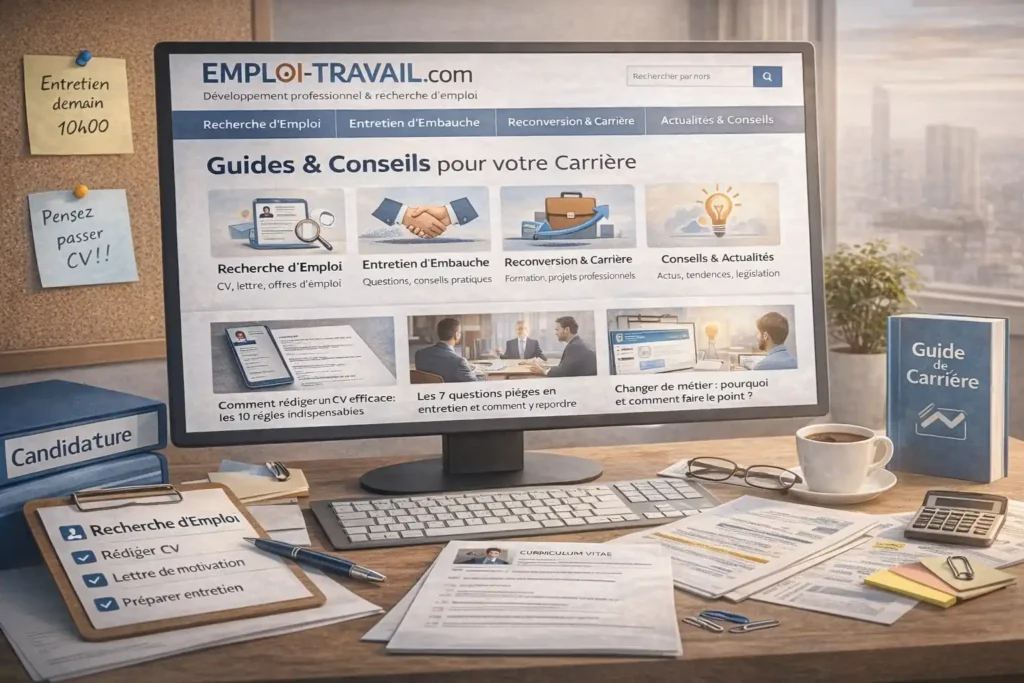 Illustration réaliste du site emploi-travail.com affiché sur un bureau de travail, avec guides de recherche d’emploi, CV, checklist de candidature et ressources de développement professionnel.