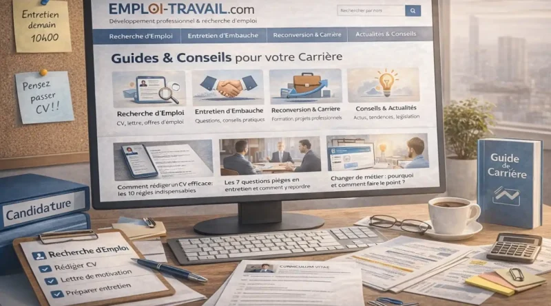 Illustration réaliste du site emploi-travail.com affiché sur un bureau de travail, avec guides de recherche d’emploi, CV, checklist de candidature et ressources de développement professionnel.