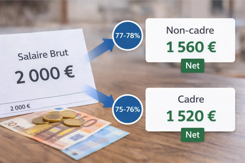 Conversion du salaire brut en net avec comparaison cadre et non-cadre à partir de 2 000 euros brut