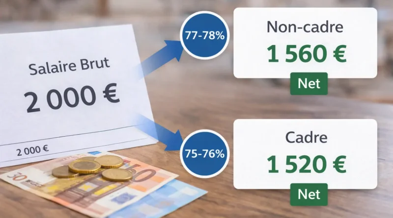 Conversion du salaire brut en net avec comparaison cadre et non-cadre à partir de 2 000 euros brut