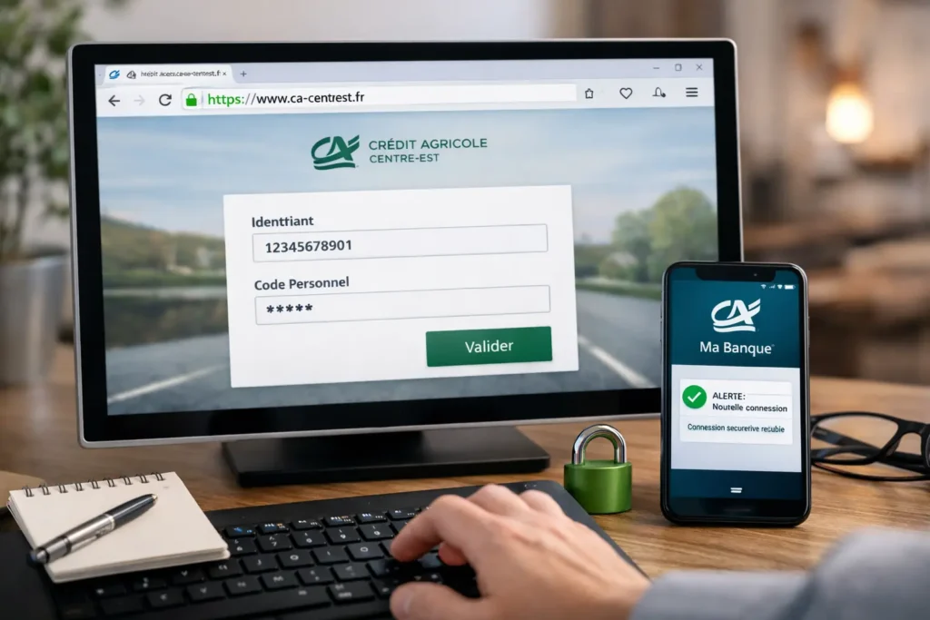 Connexion sécurisée à l’espace client Crédit Agricole Centre-Est sur ordinateur avec application mobile Ma Banque en arrière-plan