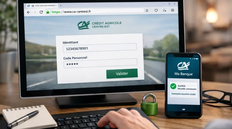 Connexion sécurisée à l’espace client Crédit Agricole Centre-Est sur ordinateur avec application mobile Ma Banque en arrière-plan