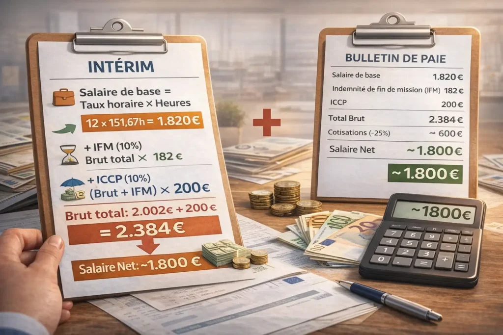 Illustration réaliste du calcul du salaire en intérim montrant le salaire de base, l’indemnité de fin de mission IFM et l’indemnité de congés payés ICCP, avec bulletin de paie, calculatrice et montant net estimé.