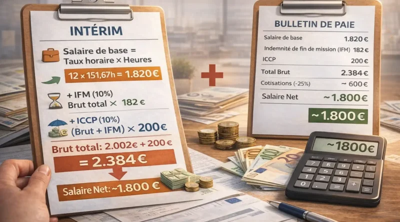 Illustration réaliste du calcul du salaire en intérim montrant le salaire de base, l’indemnité de fin de mission IFM et l’indemnité de congés payés ICCP, avec bulletin de paie, calculatrice et montant net estimé.