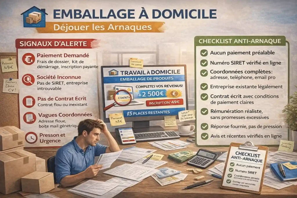 Illustration réaliste alertant sur les arnaques à l’emballage à domicile, avec faux kits de démarrage, annonces d’emploi trompeuses et signaux de fraude au travail à domicile.