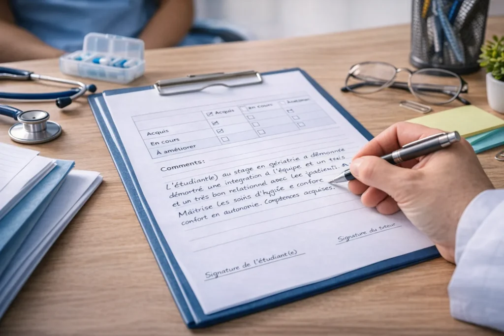Illustration réaliste d’une appréciation de stage rédigée par un tuteur aide-soignant avec dossier d’évaluation et matériel médical sur un bureau