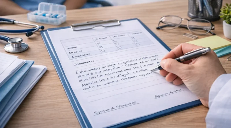 Illustration réaliste d’une appréciation de stage rédigée par un tuteur aide-soignant avec dossier d’évaluation et matériel médical sur un bureau