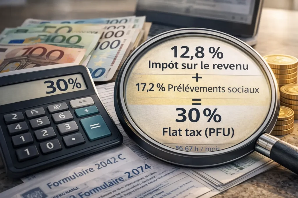 Fiscalité du compte-titres ordinaire avec calcul du PFU à 30 %, formulaires fiscaux, calculatrice et revenus financiers imposables.