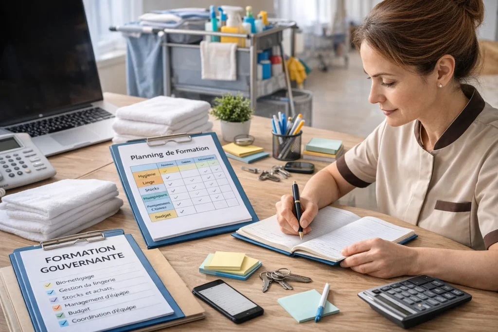 Illustration réaliste d’une gouvernante en EHPAD organisant son travail et sa formation avec documents, linge et chariot de nettoyage en établissement médico-social