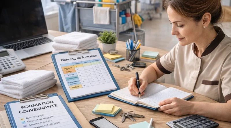 Illustration réaliste d’une gouvernante en EHPAD organisant son travail et sa formation avec documents, linge et chariot de nettoyage en établissement médico-social