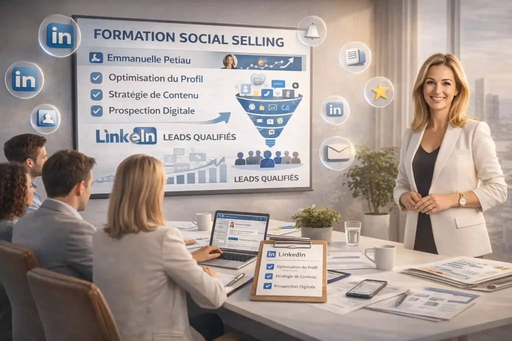 Illustration réaliste d’une formation social selling LinkedIn animée par Emmanuelle Petiau, avec optimisation de profil, stratégie de contenu et prospection digitale pour générer des leads qualifiés.